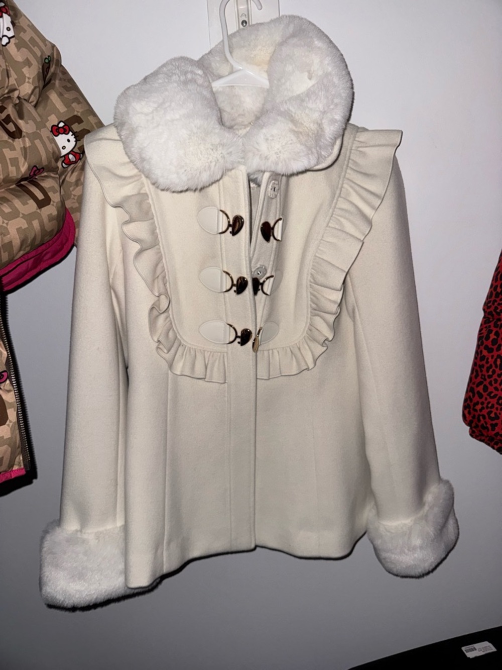 Cream Ruffle-Trim Pea Coat with Faux Fur Collar
